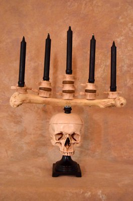 Candelabra, Table Top Model Holds Five Real Candles and Skull