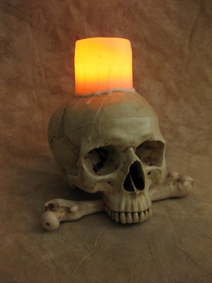 Lighted Skull Display, w/ Bone & Wax Candle